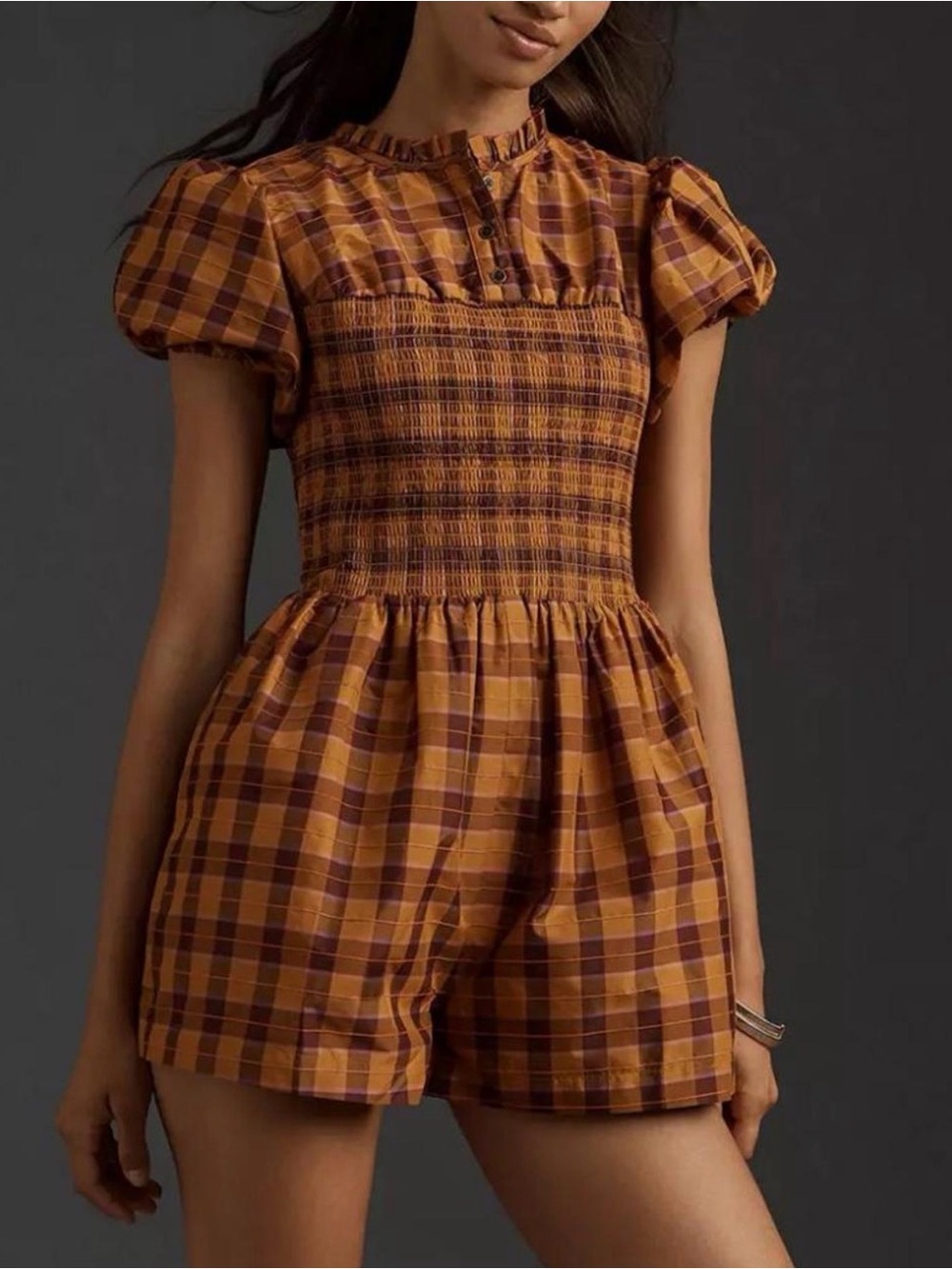 Maeve Rust and Brown Plaid Smocked Romper
